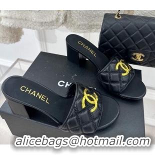 Charming Chanel Quilted Lambskin Heel Sandals 7cm with Metal CC Black 619076