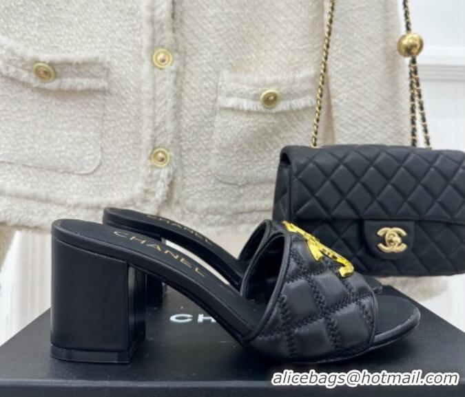 Charming Chanel Quilted Lambskin Heel Sandals 7cm with Metal CC Black 619076