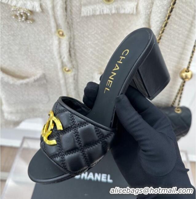 Charming Chanel Quilted Lambskin Heel Sandals 7cm with Metal CC Black 619076