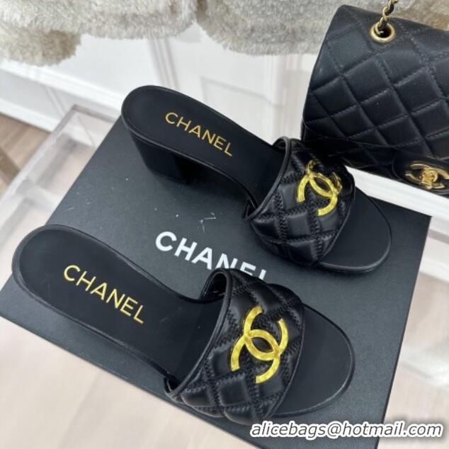 Charming Chanel Quilted Lambskin Heel Sandals 7cm with Metal CC Black 619076