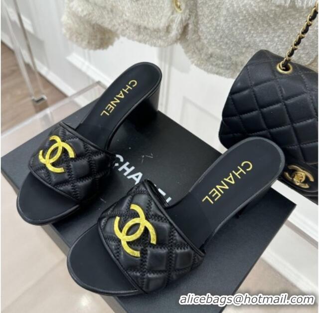 Charming Chanel Quilted Lambskin Heel Sandals 7cm with Metal CC Black 619076