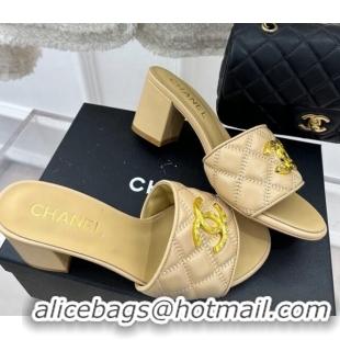 Shop Cheap Chanel Quilted Lambskin Heel Sandals 7cm with Metal CC Beige 619077