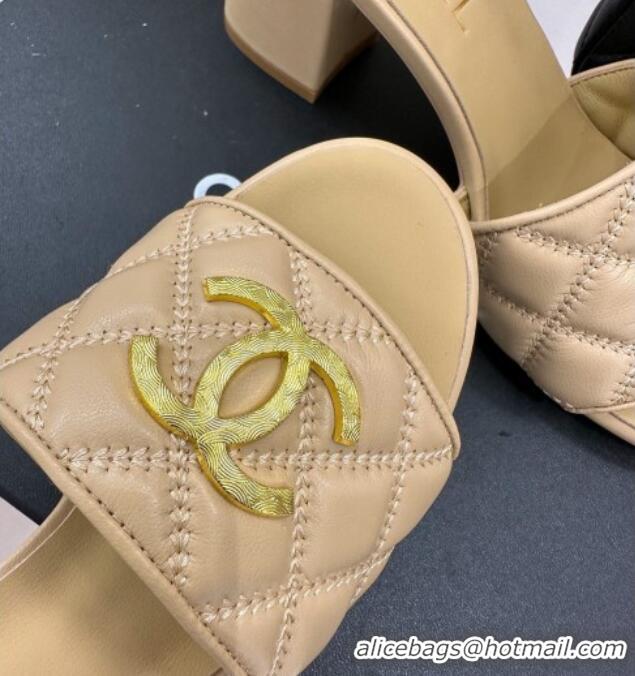 Shop Cheap Chanel Quilted Lambskin Heel Sandals 7cm with Metal CC Beige 619077