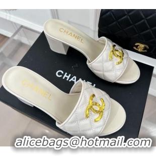 Luxury Chanel Quilted Lambskin Heel Sandals 7cm with Metal CC White 619078