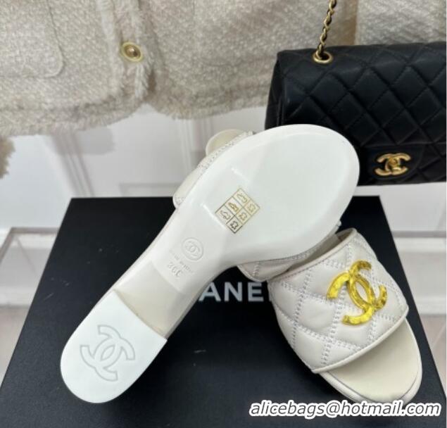 Luxury Chanel Quilted Lambskin Heel Sandals 7cm with Metal CC White 619078