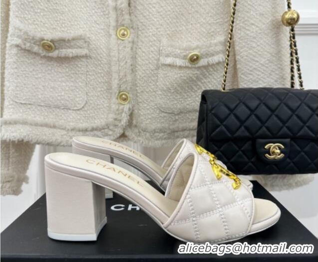 Luxury Chanel Quilted Lambskin Heel Sandals 7cm with Metal CC White 619078