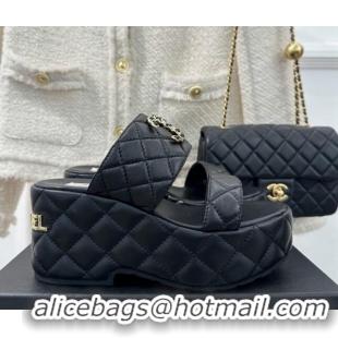 Grade Quality Chanel Quilted Lambskin Platform Sandals 7.5cm with Chain CC Black 619079