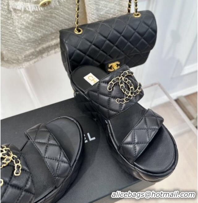 Grade Quality Chanel Quilted Lambskin Platform Sandals 7.5cm with Chain CC Black 619079