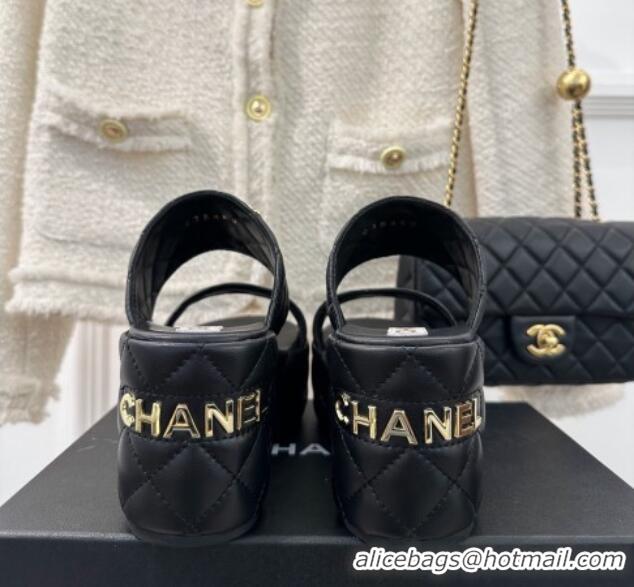 Grade Quality Chanel Quilted Lambskin Platform Sandals 7.5cm with Chain CC Black 619079