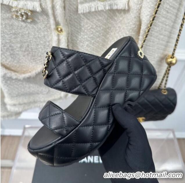 Grade Quality Chanel Quilted Lambskin Platform Sandals 7.5cm with Chain CC Black 619079