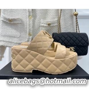 Pretty Style Chanel Quilted Lambskin Platform Sandals 7.5cm with Chain CC Beige 619081