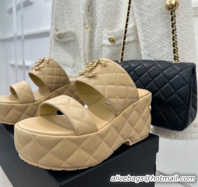 Pretty Style Chanel Quilted Lambskin Platform Sandals 7.5cm with Chain CC Beige 619081