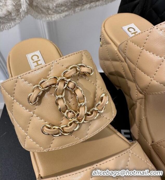 Pretty Style Chanel Quilted Lambskin Platform Sandals 7.5cm with Chain CC Beige 619081