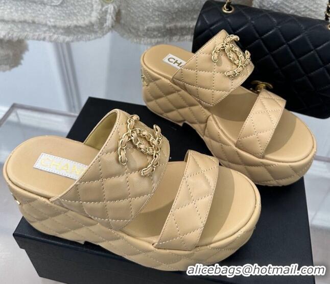 Pretty Style Chanel Quilted Lambskin Platform Sandals 7.5cm with Chain CC Beige 619081