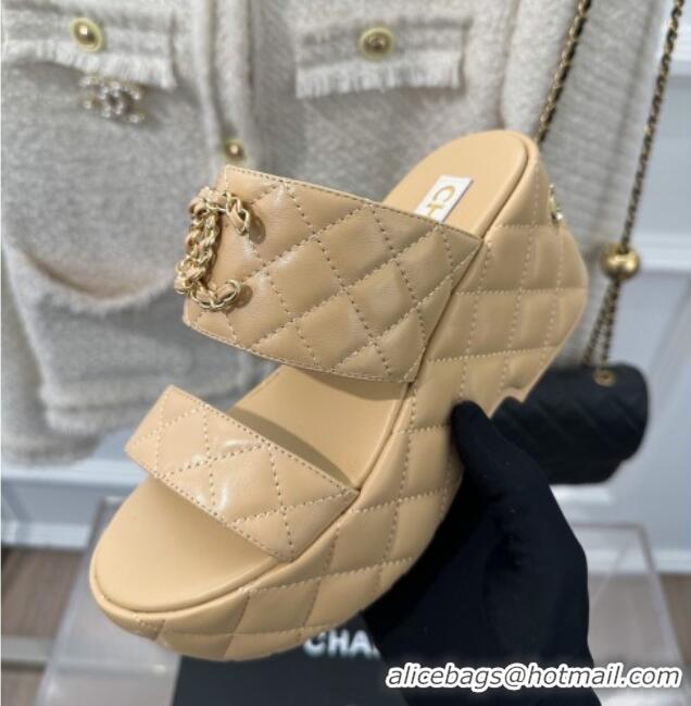 Pretty Style Chanel Quilted Lambskin Platform Sandals 7.5cm with Chain CC Beige 619081