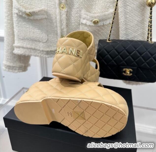 Pretty Style Chanel Quilted Lambskin Platform Sandals 7.5cm with Chain CC Beige 619081