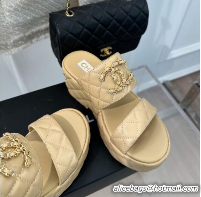 Pretty Style Chanel Quilted Lambskin Platform Sandals 7.5cm with Chain CC Beige 619081