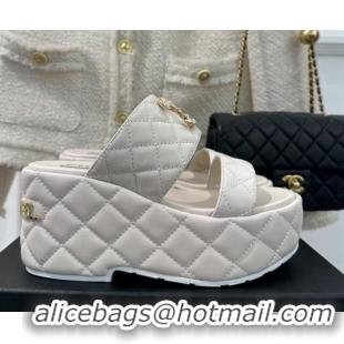 Good Quality Chanel Quilted Lambskin Platform Sandals 7.5cm with Chain CC White 619082