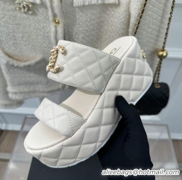 Good Quality Chanel Quilted Lambskin Platform Sandals 7.5cm with Chain CC White 619082