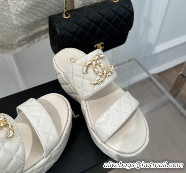 Good Quality Chanel Quilted Lambskin Platform Sandals 7.5cm with Chain CC White 619082