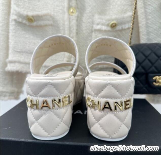 Good Quality Chanel Quilted Lambskin Platform Sandals 7.5cm with Chain CC White 619082