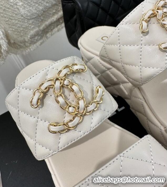 Good Quality Chanel Quilted Lambskin Platform Sandals 7.5cm with Chain CC White 619082