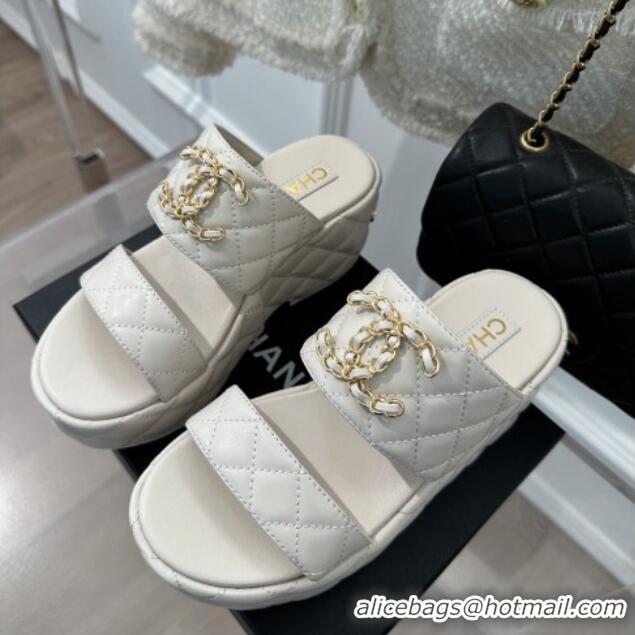 Good Quality Chanel Quilted Lambskin Platform Sandals 7.5cm with Chain CC White 619082