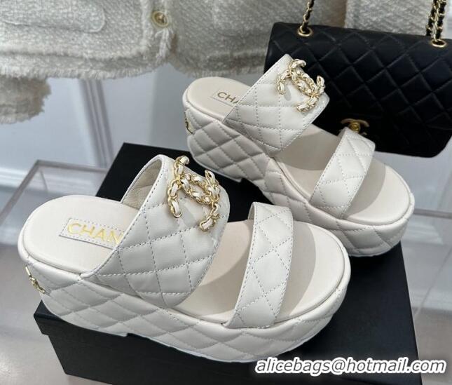 Good Quality Chanel Quilted Lambskin Platform Sandals 7.5cm with Chain CC White 619082