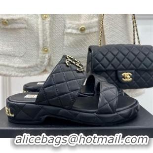 Best Grade Chanel Quilted Lambskin Heel Sandals 3cm with Chain CC Black 619080