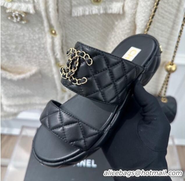 Best Grade Chanel Quilted Lambskin Heel Sandals 3cm with Chain CC Black 619080