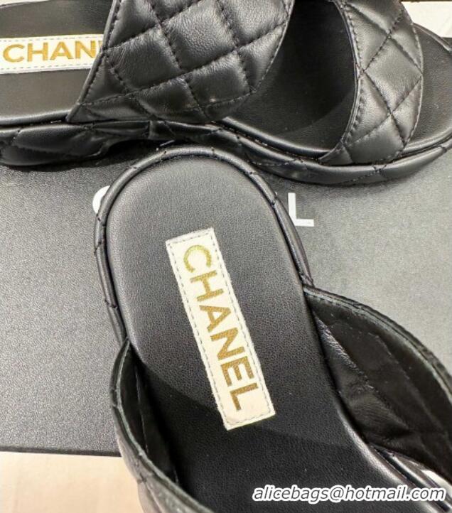 Best Grade Chanel Quilted Lambskin Heel Sandals 3cm with Chain CC Black 619080