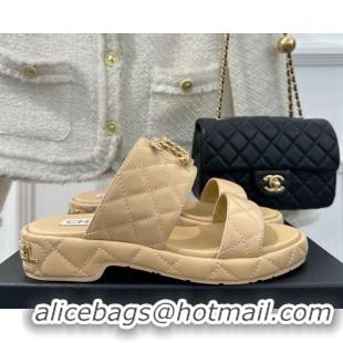 Low Price Chanel Quilted Lambskin Heel Sandals 3cm with Chain CC Beige 619083