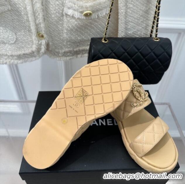 Low Price Chanel Quilted Lambskin Heel Sandals 3cm with Chain CC Beige 619083