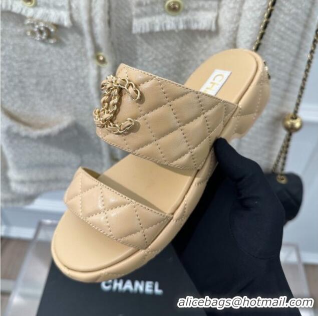 Low Price Chanel Quilted Lambskin Heel Sandals 3cm with Chain CC Beige 619083