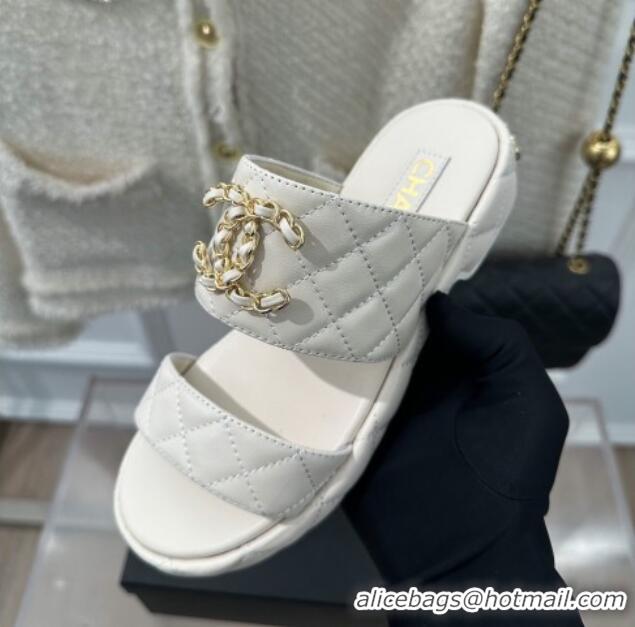 Unique Style Chanel Quilted Lambskin Heel Sandals 3cm with Chain CC White 619084