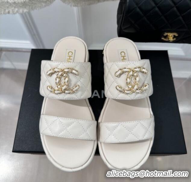 Unique Style Chanel Quilted Lambskin Heel Sandals 3cm with Chain CC White 619084