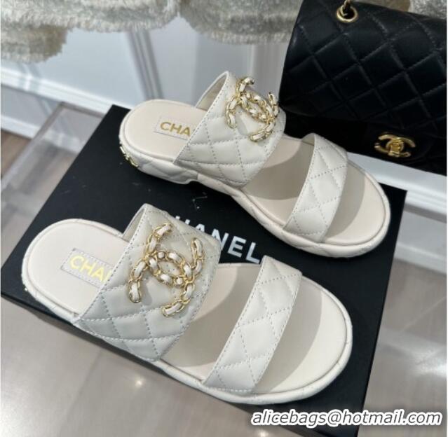 Unique Style Chanel Quilted Lambskin Heel Sandals 3cm with Chain CC White 619084