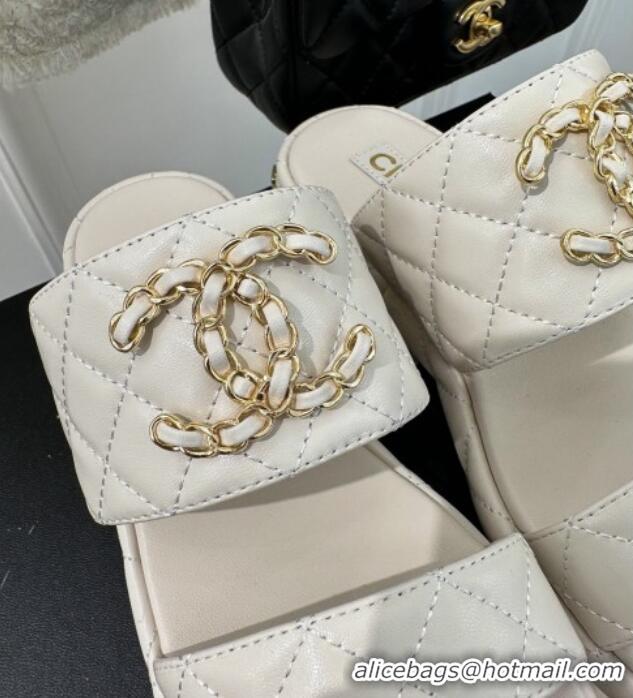 Unique Style Chanel Quilted Lambskin Heel Sandals 3cm with Chain CC White 619084