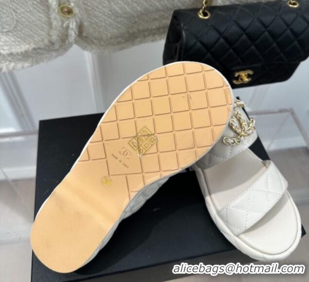 Unique Style Chanel Quilted Lambskin Heel Sandals 3cm with Chain CC White 619084