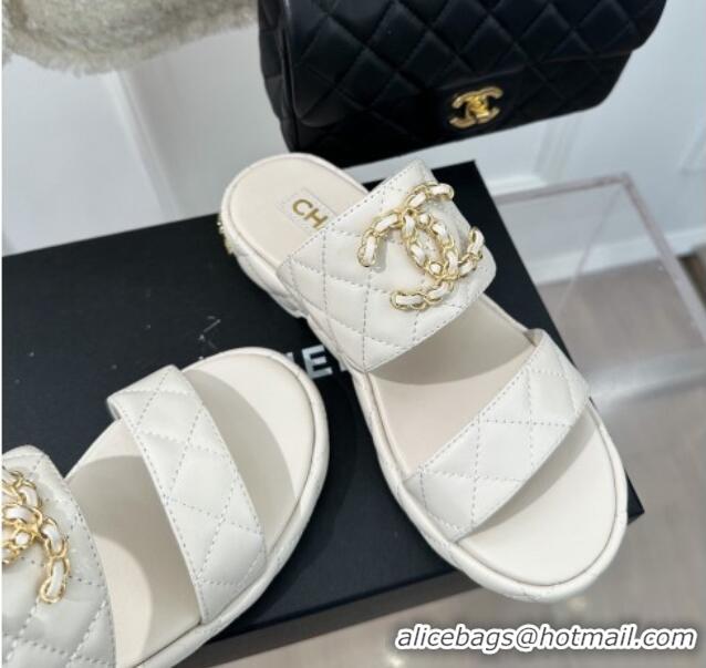 Unique Style Chanel Quilted Lambskin Heel Sandals 3cm with Chain CC White 619084