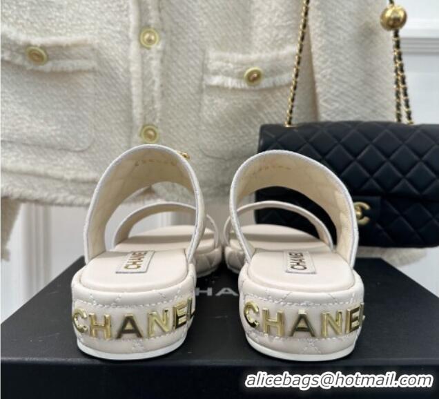 Unique Style Chanel Quilted Lambskin Heel Sandals 3cm with Chain CC White 619084