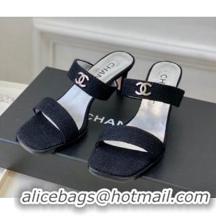 Best Product Chanel Linen Heel Slide Sandals Black 619087