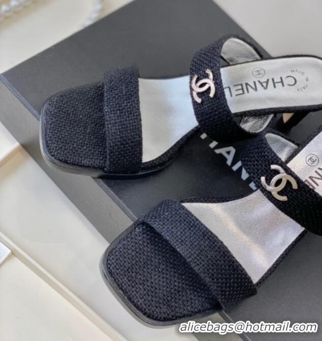 Best Product Chanel Linen Heel Slide Sandals Black 619087