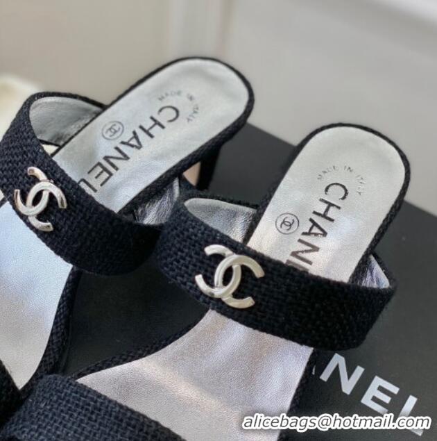 Best Product Chanel Linen Heel Slide Sandals Black 619087