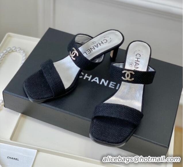 Best Product Chanel Linen Heel Slide Sandals Black 619087