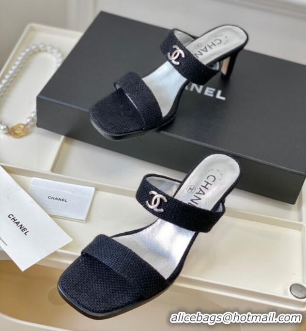 Best Product Chanel Linen Heel Slide Sandals Black 619087