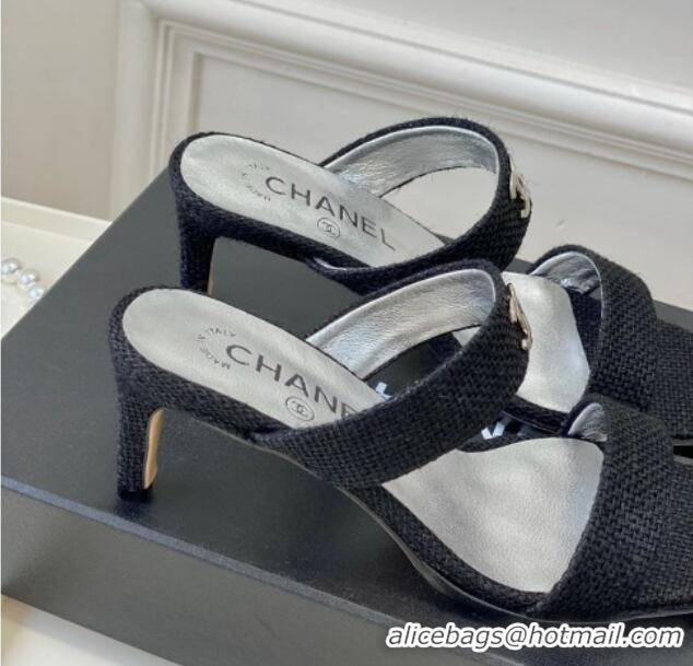 Best Product Chanel Linen Heel Slide Sandals Black 619087