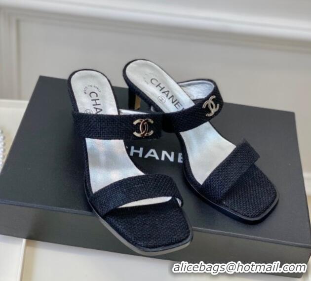 Best Product Chanel Linen Heel Slide Sandals Black 619087