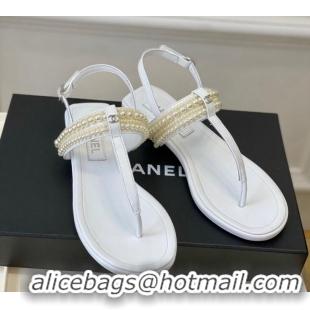 Good Looking Chanel Leather Flat Thong Sandals with Pearls White 619088