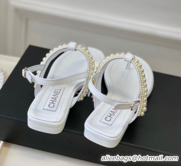 Good Looking Chanel Leather Flat Thong Sandals with Pearls White 619088